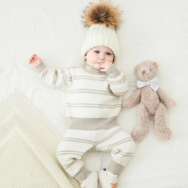 New Born Baby Sweaters Boy Clothes Gray Stripe Baby Girl Outfit Set Knit Sweater Ropa De Bebe Niña